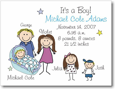 Pen At Hand Stick Figures Birth Announcements - Bassinet - Boy